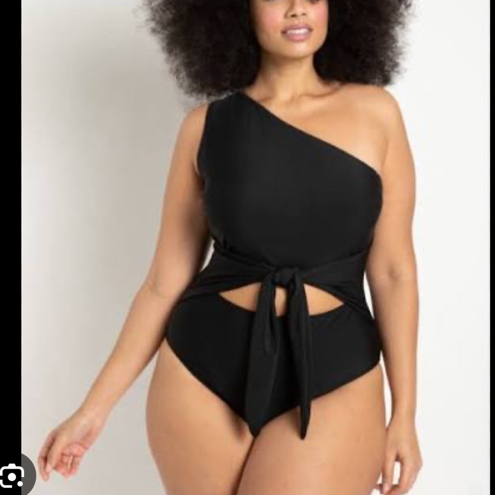 Eloquii One-Shoulder Tie-Front Swimsuit in Black